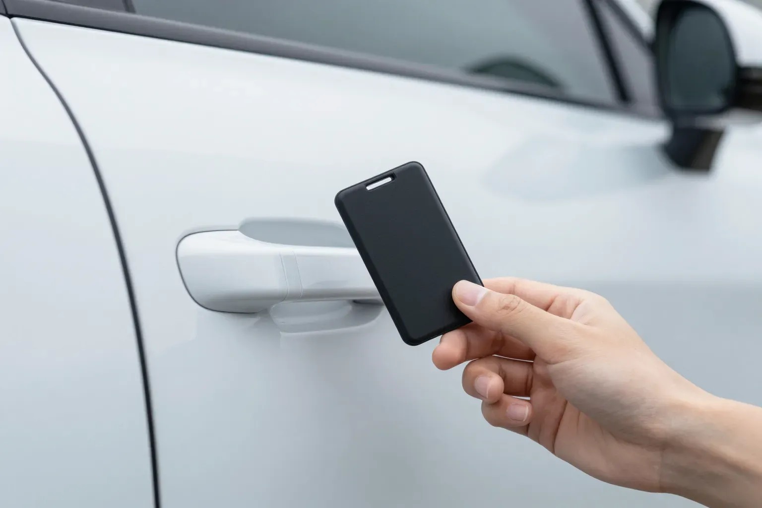 Key card held at the door handle of an electric car