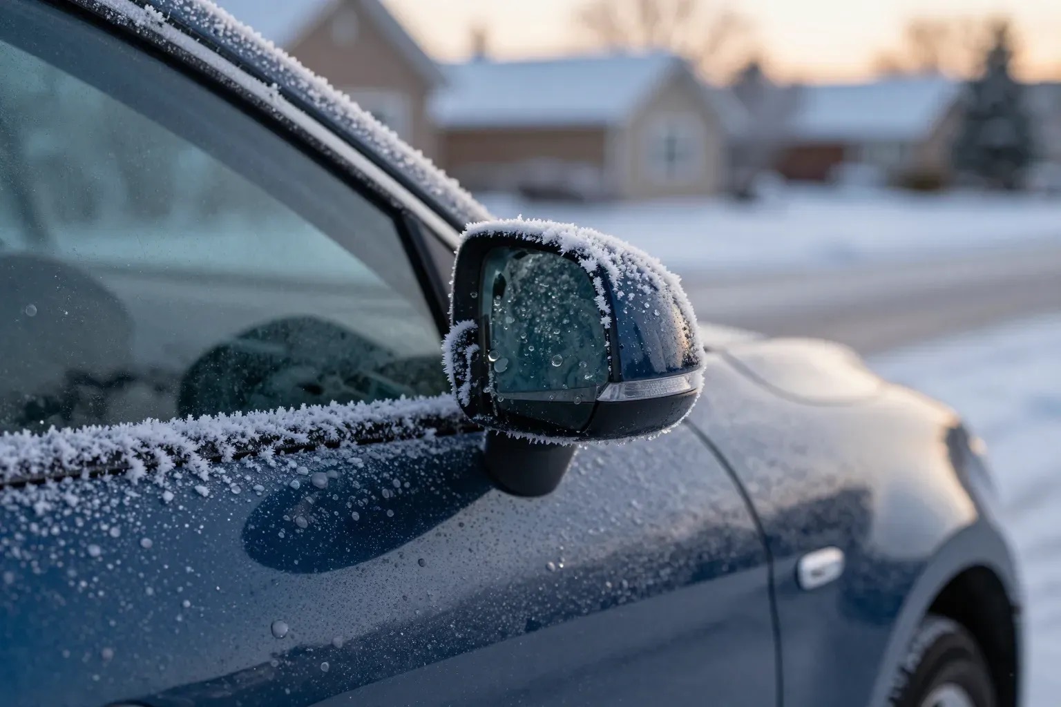 Frost-covered car door handle on a winter morning