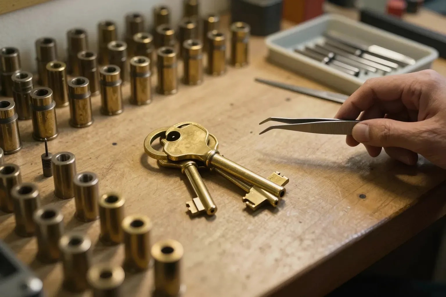 Brass keys and lock cylinders on a locksmith workbench