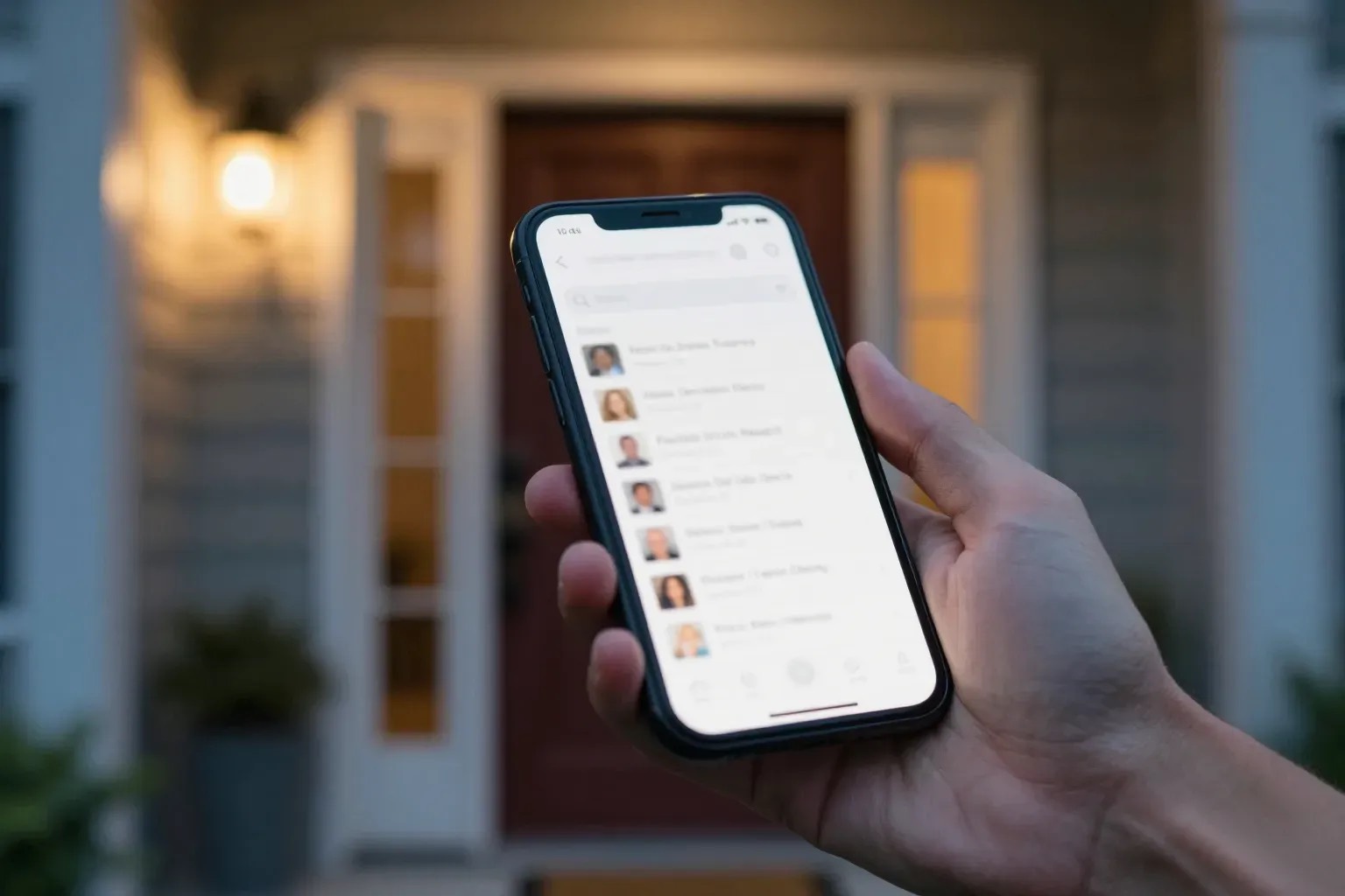 Checking a locksmith listing on a phone at the front door
