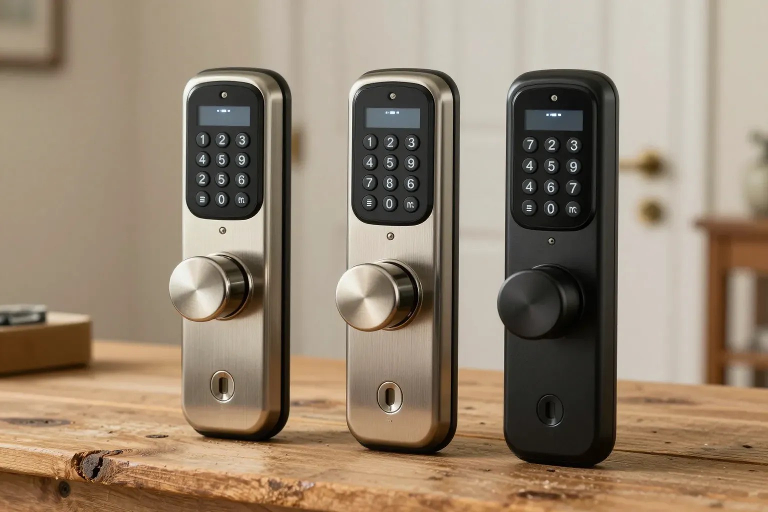 Three smart deadbolt locks side by side on a workbench